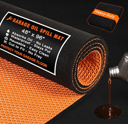 Golener Oil Spill Mat - Garage Floor Mat, Absorbent Oil Pad, Premium Maintenance Mat, Waterproof, Contain Liquid, Protect Floor from Spill & Stain, Reusable, Washable, Durable, 48”x96”, Black/Orange - size: 3'11" x 7'11" (Rectangular)