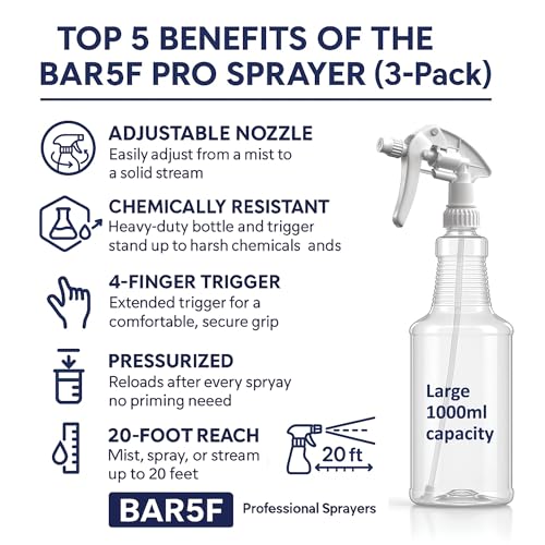 Bar5F Large Economy Spray Bottles, 32oz, 2-Pack, Chemical Resistant, Adjustable Nozzle, 20ft Reach