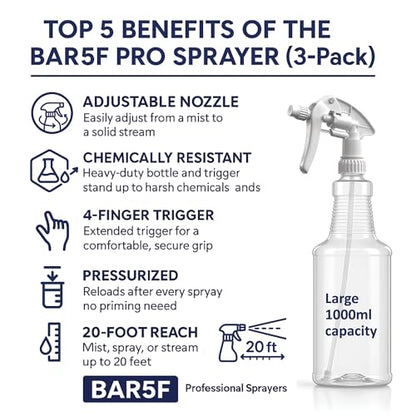 Bar5F Large Economy Spray Bottles, 32oz, 2-Pack, Chemical Resistant, Adjustable Nozzle, 20ft Reach