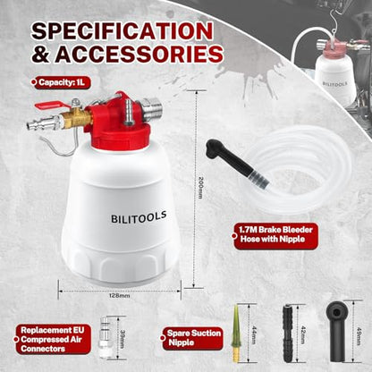 BILITOOLS 1L Universal Brake Bleeder Kit, Vacuum Brake Fluid Bleeding Tool | Pneumatic One Person Brake System Clutch Fluid Extractor Kit, Quick, Clean & Efficient - style: 1L Pneumatic Brake Bleeder Tool