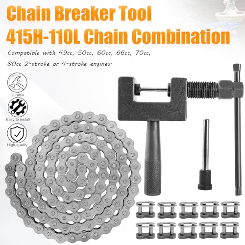 415H Chain 110 Link Chain Breaker Tool Heavy Duty for 49cc 50cc 60cc 70cc 80cc 2-stroke 4-stroke Engine Motorcycle Mower ATV Dirt Bike Mini Bike 415H-110L