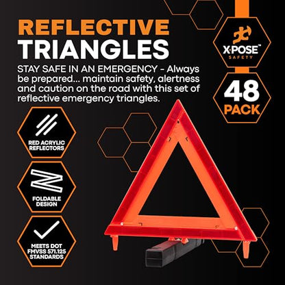 Xpose Safety Reflective Emergency Triangles – 48 Kits (144 Triangles) – DOT Approved Roadside Car Safety Warning Reflectors – Red & Orange Automotive Vehicle Hazard Visibility Markers - size: 48 Packs