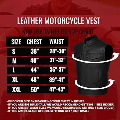 Jackets 4 Bikes Men’s SOA Motorcycle Vest – Premium Buffalo Leather, Multiple Pockets Club Style Biker Vest - All Seasons - size: Large