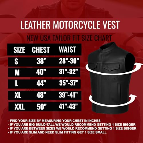Jackets 4 Bikes Men’s SOA Motorcycle Vest – Premium Buffalo Leather, Multiple Pockets Club Style Biker Vest - All Seasons - size: Medium