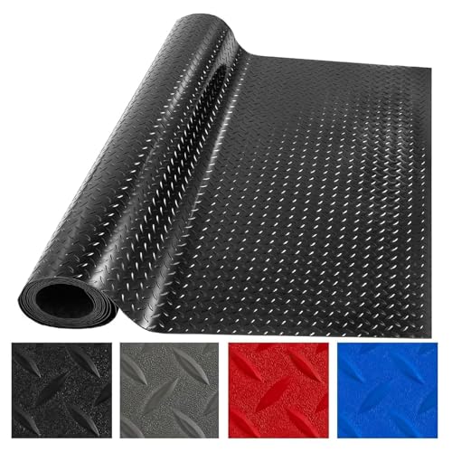 5 x 12 FT Garage Floor Mat, Diamond Plate Sheet PVC Roll for Under Car Parking Protect, RV Trailer Flooring, Heavy Duty Parking Mat for Garage, Shed, and More, Black - color: Black, size: 5 x 12 FT