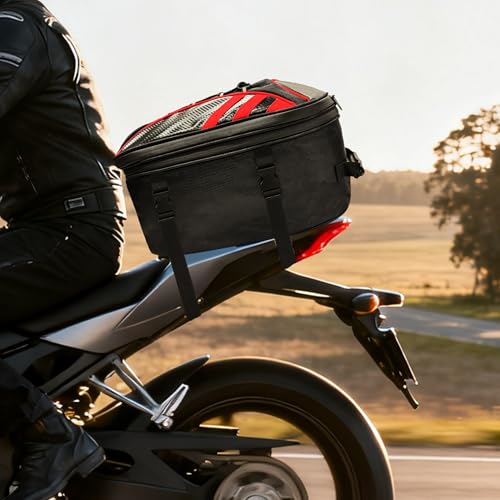 MDSTOP Motorcycle Tail Bag, Dual Use Seat Helmet Bag Backpack with Waterproof Rain Cover, 22L-34L Expandable Motorcycle Rear Seat Bag (Black+Red, M)