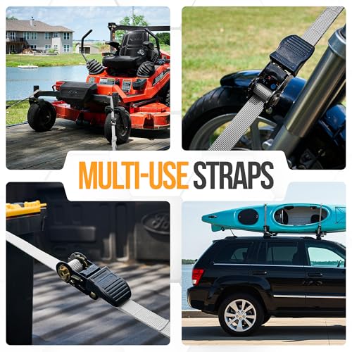 FORTEM Ratchet Straps, Tie Down Strap Set 1650lb Break Strength, 4 Pack 15ft x 1in, 4 Soft Loops, Moving Straps Tie Downs, Cargo Cam Buckles for Trucks, Carry Bag, for Men - color: Grey
