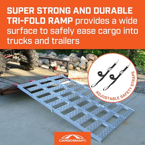 CargoSmart Aluminum Tri-Fold Ramp with Treads, 1 Pack — 1,500lb Capacity/500lb per Section, 50” W x 76” L — Easily and Safely Load or Unload Push Mowers, Garden Tillers, ATVs and More