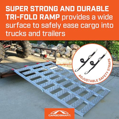 CargoSmart Aluminum Tri-Fold Ramp with Treads, 1 Pack — 1,500lb Capacity/500lb per Section, 50” W x 76” L — Easily and Safely Load or Unload Push Mowers, Garden Tillers, ATVs and More