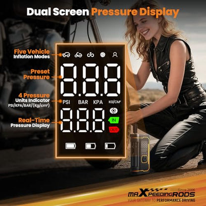 maXpeedingrods 150PSI Tire Inflator Portable Air Compressor 12V DC/AC, Auto Shut-off, Digital Gauge, 4X Faster Inflation Professional Cordless Car Tire Pump for Car, Bike, Motorcycle, Ball