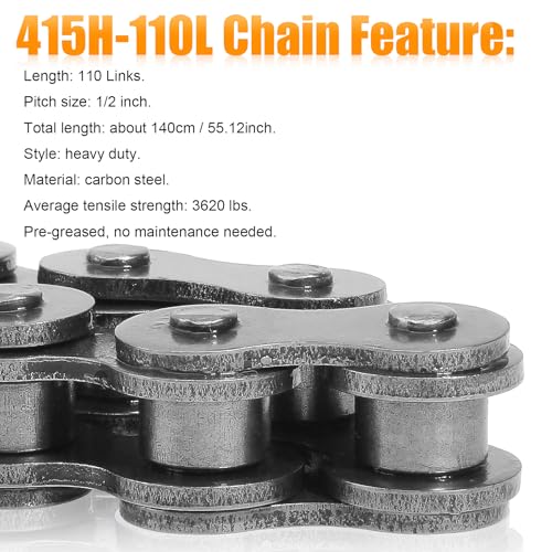 415H Chain 110 Link Chain Breaker Tool Heavy Duty for 49cc 50cc 60cc 70cc 80cc 2-stroke 4-stroke Engine Motorcycle Mower ATV Dirt Bike Mini Bike 415H-110L