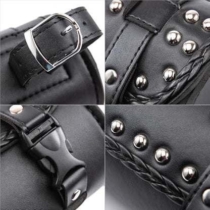 Motorcycle Fork Bag Mini PU Leather Bike Handlebar Tool Bag Sissy Bar Roll Storage Bag (B Black) - color: B Black