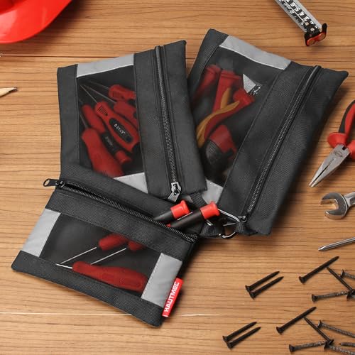 HAUTMEC 3 Pack Zipper Tool Pouch with Mesh Window, Small Tool Bags with Carabiner, Durable Oxford Utility Tool Organizer for Tools, Parts & Accessories – HT0126