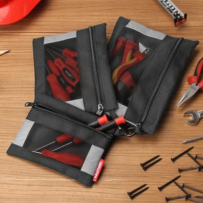 HAUTMEC 3 Pack Zipper Tool Pouch with Mesh Window, Small Tool Bags with Carabiner, Durable Oxford Utility Tool Organizer for Tools, Parts & Accessories – HT0126