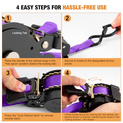 Retractable Ratchet Straps (4-Pack) - 1 Inch x 10 Feet (1,764lb Break Strength) - Heavy Duty Auto Self Retracting Tie Down Straps for Truck, Cargo Trailer, Motorcycle, ATV, UTV – Purple - color: Purple