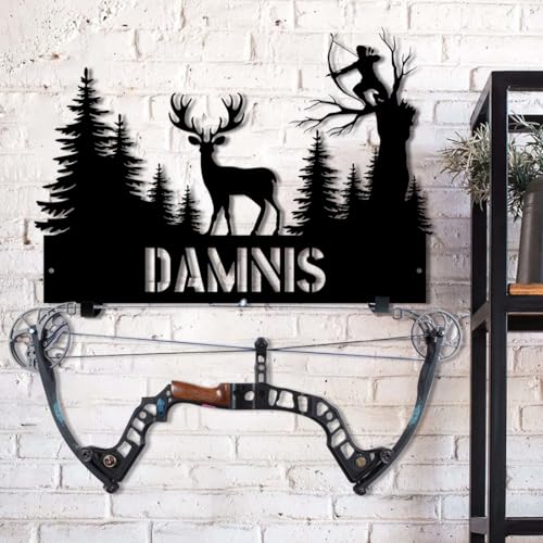 Personalized Metal Deer Skull Bow Holder - Custom Name Archery Display Rack Wall Decor, Hunting Metal Sign, Gifts for Husband, Dad, Father (Elk Bow Rack-1) - color: Metal Deer Bow Rack-1