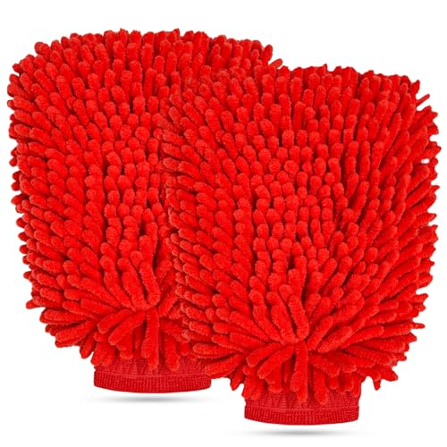 2 PCS Car Wash Mitt, Scratch-Free & Lint-Free Chenille Microfiber Wash Mitts, Highly Absorbent Double-Sided Glove for Auto Washing and Detailing, Universal Car Accessories (Red) - color: Red, size: 2 PCS