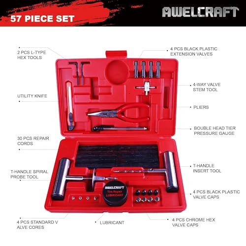 AWELCRAFT 57-Piece Heavy Duty Tire Repair Kit – Flat Tire Plug Kit with T-Handle Tools, Storage Case – Universal for Truck, Car, Motorcycle, Jeep - size: 57 Piece Repair Kit