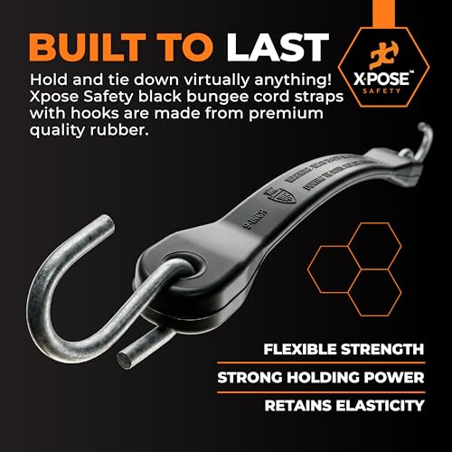 Rubber Bungee Cords with Hooks 10 Pack 31 Inch (47” Max Stretch) Heavy-Duty Black Tie Down Straps for Outdoor, Tarp Covers, Canvas Canopies, Motorcycle, and Cargo - by Xpose Safety - size: 31"