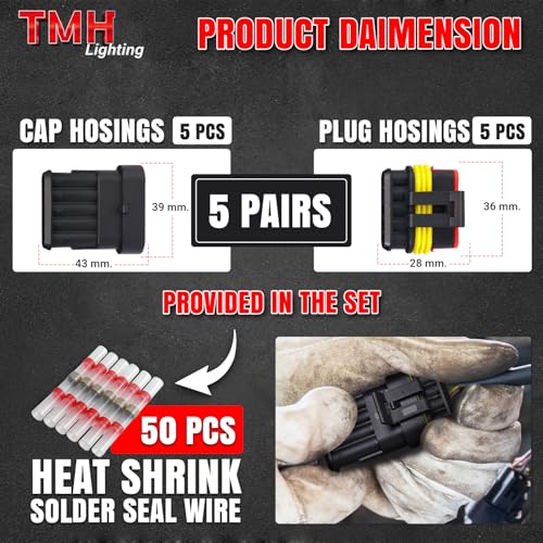 TMH 10Pcs 5 Pin Electrical Connector Male and Female, 10cm. 22 AWG Waterproof Wire Connectors 5 Way with Heat Shrink Tubing for Car Truck Boat Wire Connection (5 Set) - size: 5 Pin - 5 Sets