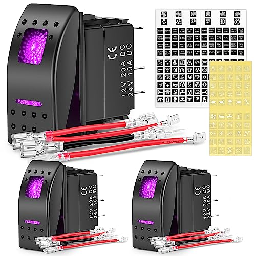Nilight 3 Pack Rocker Switches with Night Glow Stickers On Off 5 PIN SPST LED Switch Pinkish Purple Backlit 12V/24V for Cars Trucks RVs Boats Auto Motorcycles - color: Purple 3 PCS