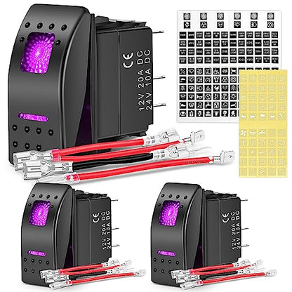Nilight 3 Pack Rocker Switches with Night Glow Stickers On Off 5 PIN SPST LED Switch Pinkish Purple Backlit 12V/24V for Cars Trucks RVs Boats Auto Motorcycles - color: Purple 3 PCS