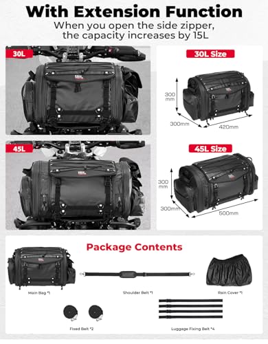 KEMIMOTO Motorcycle Travel Luggage Bags, Expandable Large Capacity Motorcycle Tail Bag, Waterproof Rear Rack Trunk, Motor Pannier Bag with Rain Cover and Straps 30L-45L - size: 30L-45L