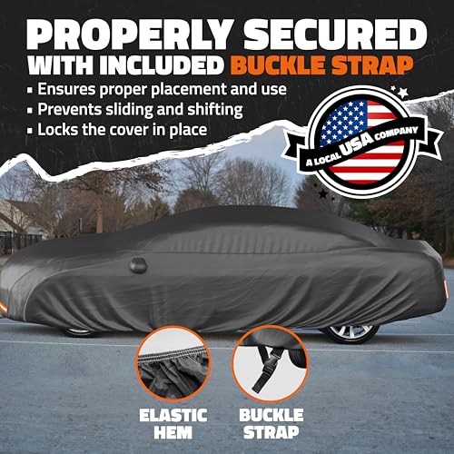 Mockins 175"x70"x60" XS Sedan Car Cover Waterproof All Weather Protector | Heavy Duty 250G PVC & Cotton Lined Car Covers for Automobiles | Windproof Full Exterior Covers w/ Buckle Strap & Reflectors - size: Sedan - X-Small - 175"x70"x60"