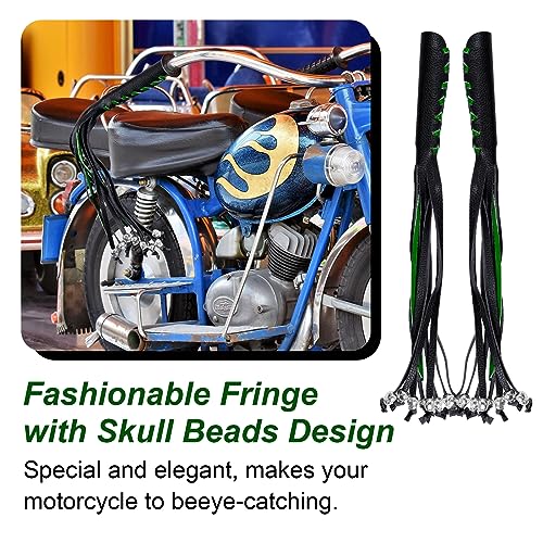 Motorcycle Lever Cover PU Leather Fringed Brake Clutch Covers Universal Grip Tassels Motorcycle Handlebar Covers with Skull Beads - color: Black with Green Strap