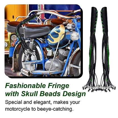 Motorcycle Lever Cover PU Leather Fringed Brake Clutch Covers Universal Grip Tassels Motorcycle Handlebar Covers with Skull Beads - color: Black with Green Strap