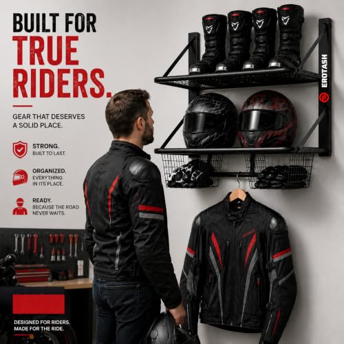 Motorcycle Helmet Wall Mount, 2-Tier Helmet Holder Wall Mount with Shelf & Baskets, Motorcycle Gear Rack Storage for Jackets, Gloves, Keys and Riding Accessories