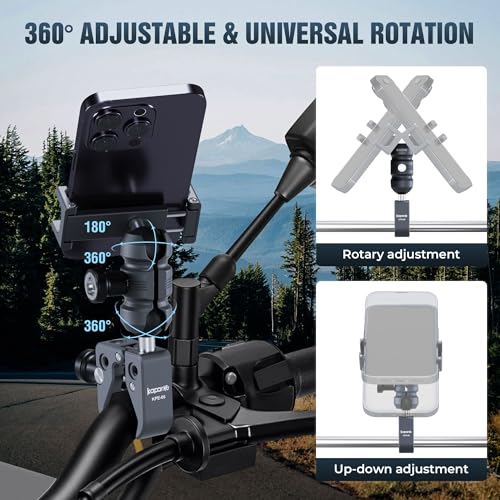 Anti-Theft Motorcycle Phone Mount, Handlebar Clamp Base Fits 0.5"-2" Diameter Bars, 25mm Ball Head & Double Socket Arm, Universal for iPhone/Samsung/Android Phones Width 2.56"-3.74" (KPS-01) - color: KPS-01