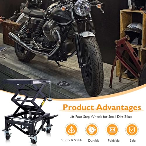 Hydraulic Motorcycle Lift Table, 350 lbs Capacity Scissor Jack Lift with Wide Deck, J-Hooks, 4 Wheels, Foot-Operated Jack Stand for ATV Dirt Bikes (Black) - color: Black