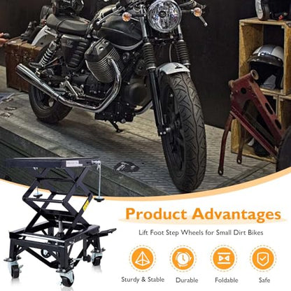Hydraulic Motorcycle Lift Table, 350 lbs Capacity Scissor Jack Lift with Wide Deck, J-Hooks, 4 Wheels, Foot-Operated Jack Stand for ATV Dirt Bikes (Black) - color: Black