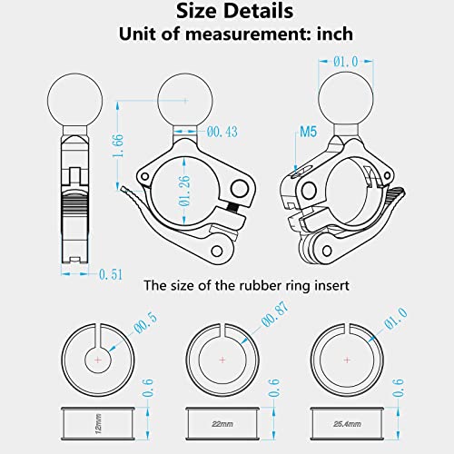 BRCOVAN Aluminum Alloy Handlebar Clamp Mount Base with 1'' TPU Ball | for Rail 0.5'' 0.87'' 1'' 1.125'' 1.26'' in Diameter, Fit for RAM Mounts B Size 1 Inch Ball Double Socket Arm, Tool-Less - style: R18-Set of 1