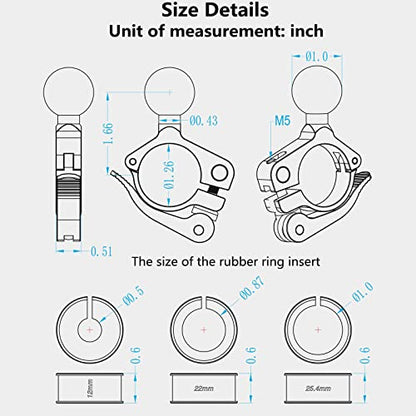 BRCOVAN 2 Pack, Aluminum Alloy Handlebar Clamp Mount Base with 1'' TPU Ball | for Rail 0.5'' 0.87'' 1'' 1.125'' 1.26'' in Diameter, Fit for RAM Mounts B Size 1 Inch Ball Double Socket Arm, Tool-Less - style: R18-Set of 2