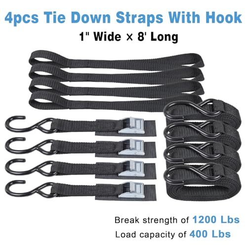 EXVITAL Tie Down Straps with Hook Cam Buckle Straps 1" x 8’ 1200lbs Break Strenght with Extra Soft Loops for Motorcycle, Kayak, ATVs, Dirt Bike, Truck, Car Black 4 Pack - size: 1"x8'x4