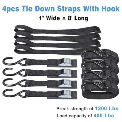EXVITAL Tie Down Straps with Hook Cam Buckle Straps 1" x 8’ 1200lbs Break Strenght with Extra Soft Loops for Motorcycle, Kayak, ATVs, Dirt Bike, Truck, Car Black 4 Pack - size: 1"x8'x4