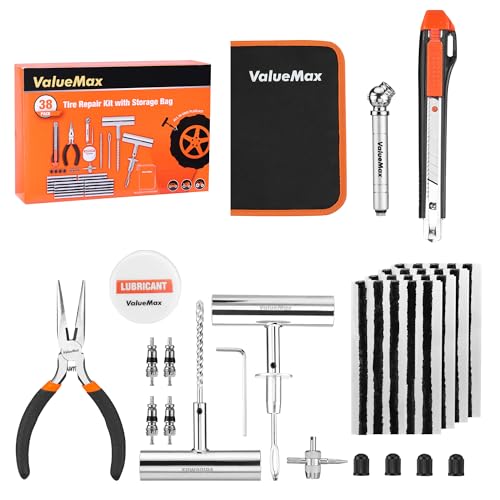 ValueMax Tire Repair Kit, 38PCS Universal Heavy Duty Car Tool Kit for Fix Punctures, Tire Plug Tools for Cars, Motorcycles, ATV, SUV, RV, Tractors, Trucks, etc.