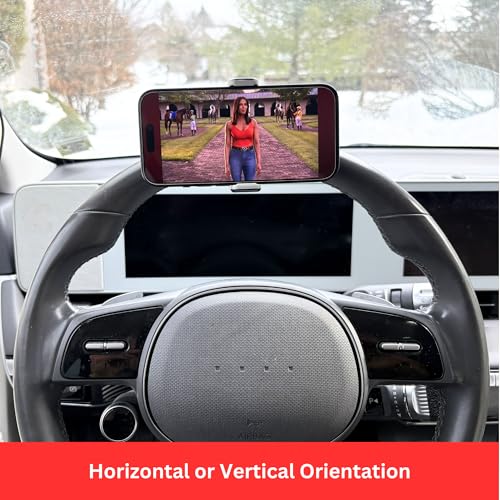 Maxby Steering Wheel Phone Holder Mount for Parked Use, Universal Clamp Fits Most Phones, 360° Rotating Adjustable Bracket, Quick Attach Detach, Hands-Free Viewing for Waiting and Meals in the Car