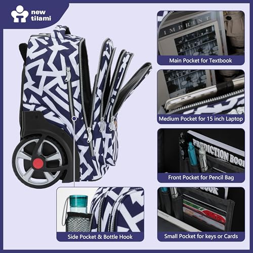 NEW TILAMI 20" Rolling Backpack for Teens Adults, Climbing Stairs Waterproof Backpack with Wheels for School Business Trave Camping with Laptop Compartment, Fit 17 Inch Laptop, Blue - White Doodle - color: Blue - White Doodle