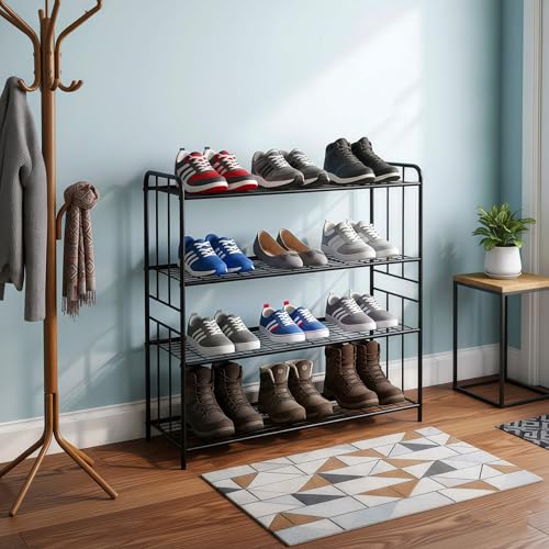 HOSY 4-Tier Metal Shoe Rack, Adjustable Shoe and Boot Storage Rack, Free Standing Utility Shelf (Black) - color: Black