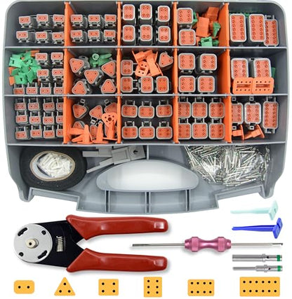 502 PCS DT Deutsch Connector Kit - 2/3/4/6/8/12 Pin Waterproof Connectors with 145 Pairs 16# Solid Terminal Contacts, Crimping Tool (14-20AWG)& Removal Tool for Cars Motorcycle Boat - size: 2-12 Pin Kit 502 Pcs