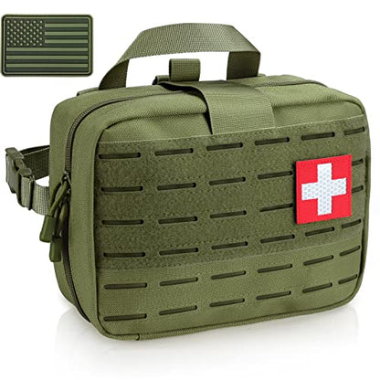 LIVANS Tactical Molle Medical Pouch - Upgraded Size, Large Capacity IFAK Pouch with Detachable Quick Release and Headrest Mount, Includes Flag and Cross Patch - color: Army Green