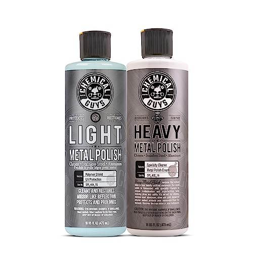 Chemical Guys Light & Heavy Metal Polish Kit - Restore, Protect & Shine All Metal Surfaces, Removes Oxidation, Rust & Tarnish from Chrome, Aluminum, Stainless Steel & More, Includes 2 x 16 oz Bottles - style: Light & Heavy Combo