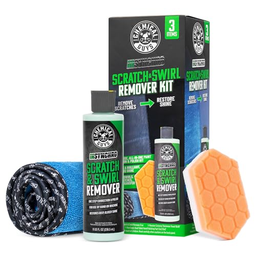 Chemical Guys Insynchro Scratch & Swirl Remover (8 oz) - Kit with Hex Logic Dual Sided Hand Polishing Pad and Monster Extreme Microfiber Towel for Paint Restoration and Gloss Enhancement - style: 8 Fl Oz + Pad & Towel Kit