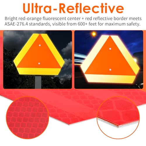 2-Pack Slow Moving Vehicle Signs with Mounting Brackets – 16”x14” Reflective Aluminum SMV Triangle for Golf Carts, Tractors & UTVs – DOT Compliant, Rust-Proof (Red/Orange)