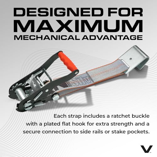 VULCAN Car Tie Down with Flat Hooks - Lasso Style - 2 Inch x 96 Inch - 4 Pack - Silver Series - 3,300 Pound Safe Working Load - size: Flat Hooks - Silver Series (4 Pack)