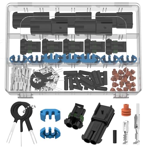 2 Pin Weather Pack Connectors Kit 5 Sets Automotive Waterproof Electrical Connectors with Blue Secondary Lock Sealed Male Female Terminals and Heat Shrink Tubing for 14-12 AWG - size: 2pin 5sets/14-12AWG