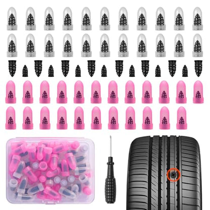 Tire Repair Screws, 60Pcs Screw in Tire Plugs, Self-Service Flat Tire Repair Kit with Screwdriver & Storage Case, for Car, Motorcycle, Bike, Truck, Tubeless Tires